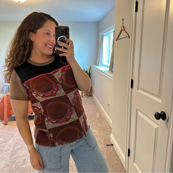 Anthropologie Conditions Apply Tan Mixed Media Quilted Satin Knit Tee/Top Small - Picture 4 of 14